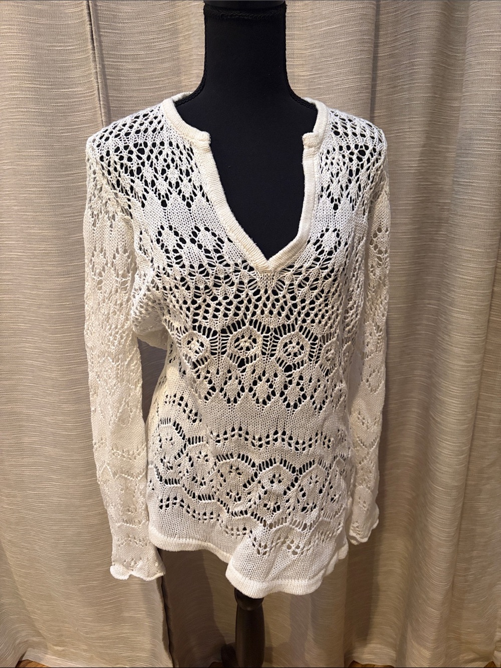 Eddie Bauer Open Knit V-Neck Sweater in Cream